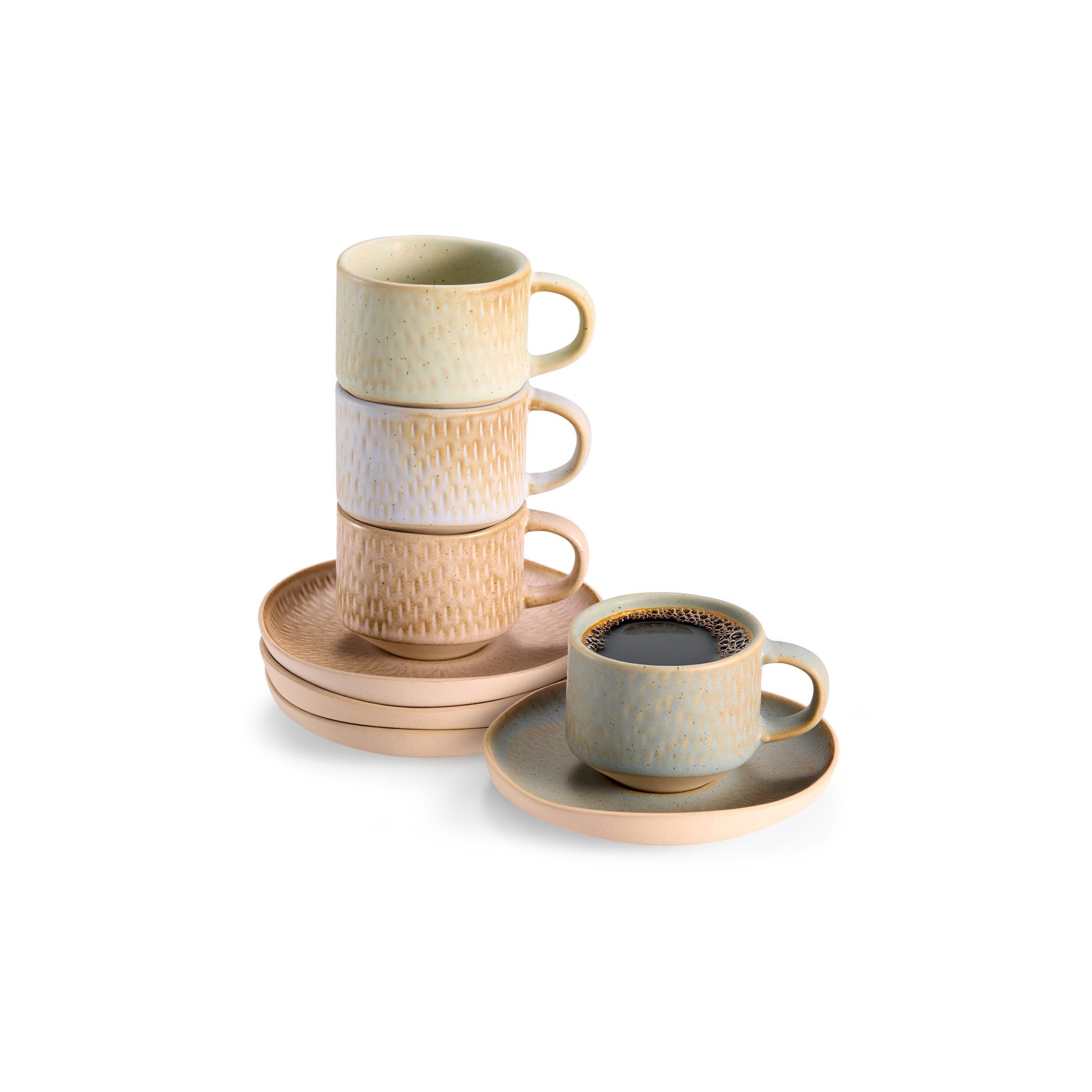 Kook Espresso Mug and Saucer Set 2.7 oz, Set of 4, Neutral Multicolor