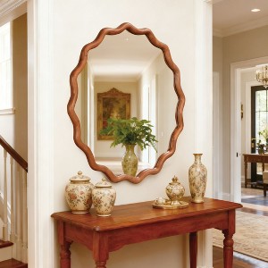 Whisen 30” Wavy Round Decorative Mirror, Solid Wood Frame, Entryway - 1 of 4