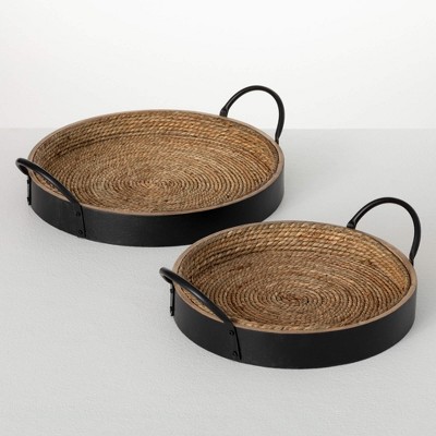 Sullivans 15.25" & 13" Round Wood & Seagrass Tray Set of 2