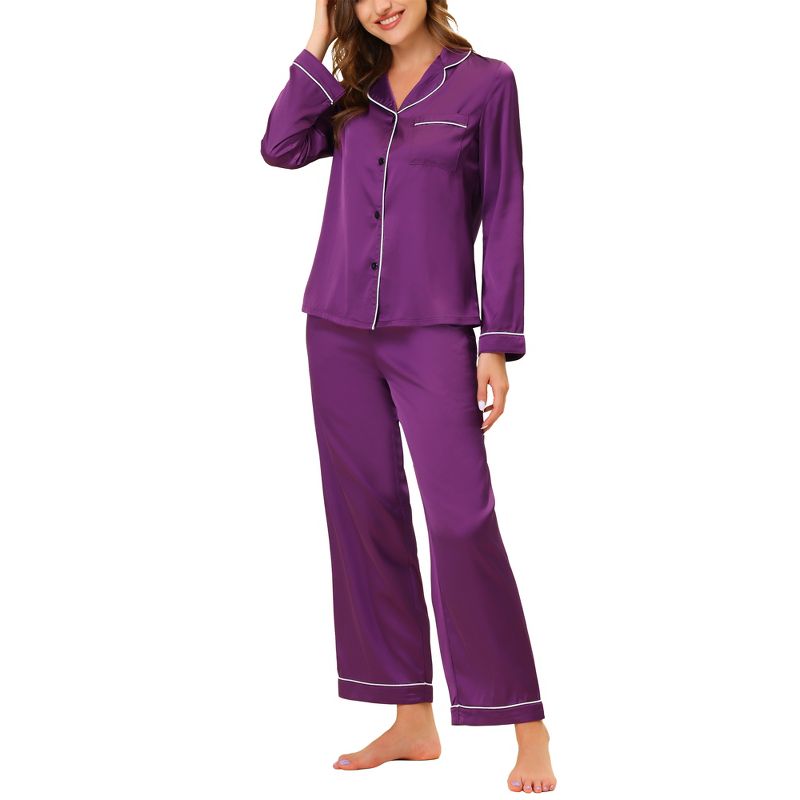cheibear Women's Satin Button Down Lounge Tops and Pants Pajama Set, 1 of 7