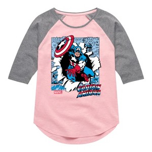 Girls' - Marvel - Captain America Panels Shirt Tail Raglan Graphic T-shirt - 1 of 3