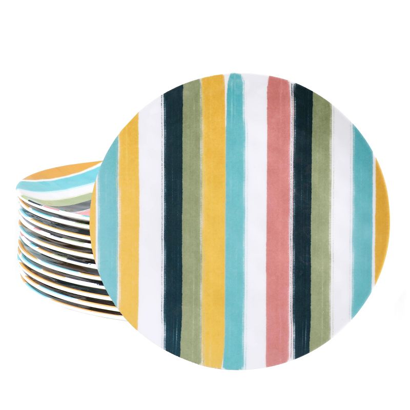 Gibson Home Tropical Sway 12 Piece 11 Inch Round Melamine Dinner Plate Set in Colorful Stripe, 1 of 6