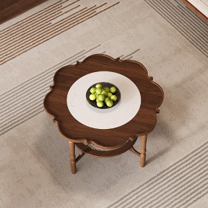 ORRD Mid-Century 2-Tier Coffee Table with White Crackle Glass Top & Rattan Shelf, Petal-Shaped Accent Table for Living Room, Walnut, 31.5" - 1 of 4