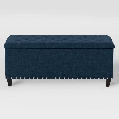 Navy Blue Tufted Fabric Storage Ottoman with Nailhead Trim