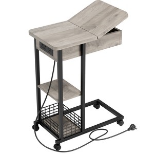 C Shaped End Table with Charging Station – Flip Top Narrow Side Table with USB Ports, Outlets & 3-Tier Storage Shelves for Living Room & Bedroom,Grey - 1 of 4