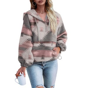 Imily Bela Womens Casual Aztec  Half Zip Up Hoodie Oversized Long Sleeve Ethnic Hooded Pullover - 1 of 3