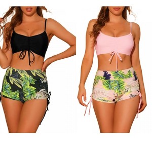 INSPIRE CHIC Women's Drawstring Push-Up Top Tropical Print High Waist Shorts Swimwear Bathing Suits 2 Sets - 1 of 4