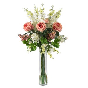 Nearly Natural Rose, Delphinium and Lilac Artificial Flower Arrangement, Pink - 1 of 2