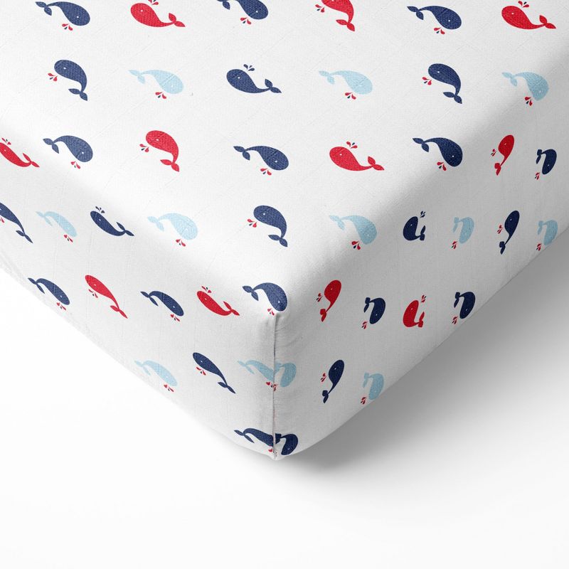 Bacati - Little Sailor Whales Boys Muslin 100 percent Cotton Universal Baby US Standard Crib or Toddler Bed Fitted Sheet, 1 of 6