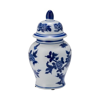 Sagebrook Home 10" Temple Jar with Lid - Ceramic White and Blue Chinoiserie Floral Stoneware for Home, Office