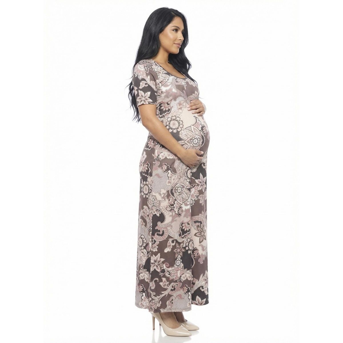 24seven Comfort Apparel Maternity Paisley Scoop Neck Elbow Sleeve A Line Maxi Dress - thumbnail 2