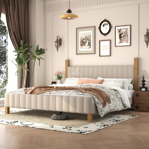 Brafab Bed Frame with Upholstered Headboard, Modern Platform Bed with Solid Wood Frame & Noise-Free Slats, No Box Spring Needed, Beige Linen Fabric - 1 of 4