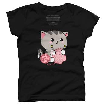 Girl's Design By Humans Cute Cat Knitting Kitten By urbanwildprints T-Shirt