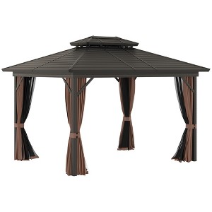 Outsunny Metal Hardtop Gazebo with Mesh Sidewalls & Curtains, Double Roof Pavilion for Patio, Backyard, Deck, Porch - 1 of 4