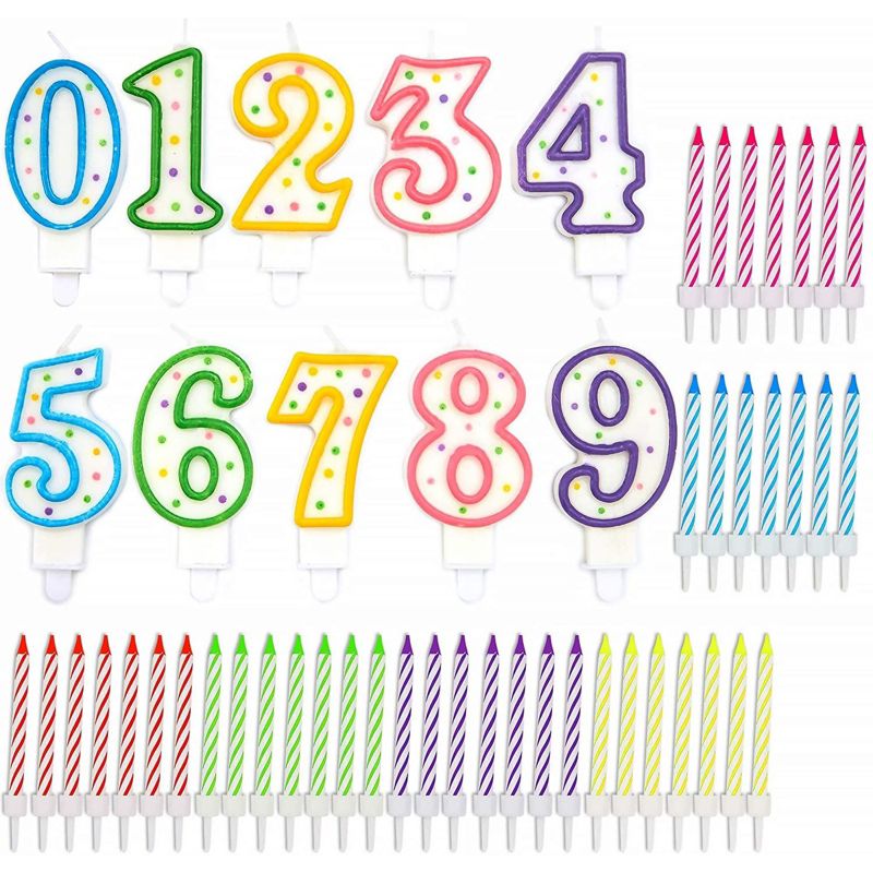 Blue Panda 154-Piece Numbers 0-9 and Rainbow Stripes Birthday Cake Topper Candles with Holders for Party Decor, 1 of 9