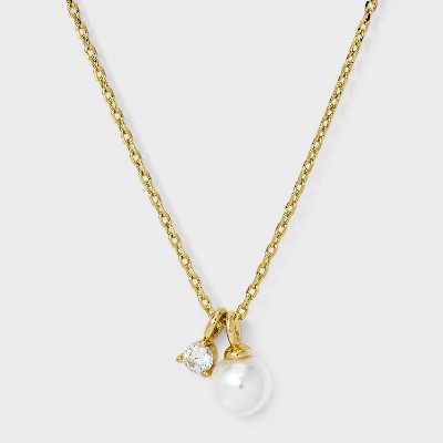 14K Gold Plated Cubic Zirconia Pearl Charm Pendant Necklace - A New Day™ Gold