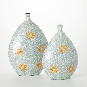Sullivans 21.75" & 18.5" Blue Floral Capiz Vase Set of 2 - 1 of 3