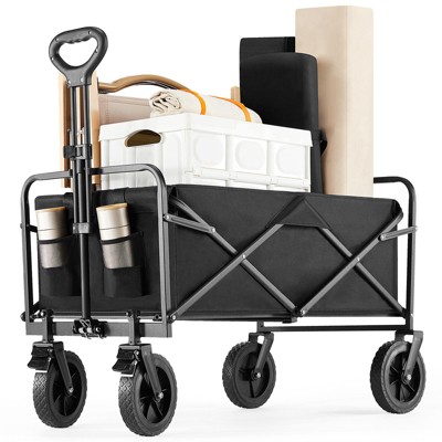 VisioGear Outdoor Serving Carts, Foldable Cart with All-Terrain Wheels, Collaspible Cart with Handle and Side Pockets, Black, 20"*39 3"*34.6"*
