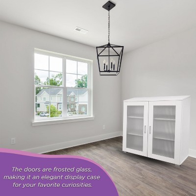 White Particle Board Lighted Curio Cabinet with Frosted Glass Doors