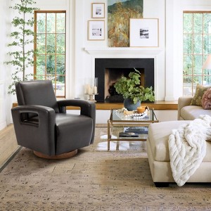 Vynxaria Brown Faux Leather Swivel Accent Chair 360° Rotation, Solid Wooden Base, Ergonomic Back, Plush Cushioning - 1 of 4