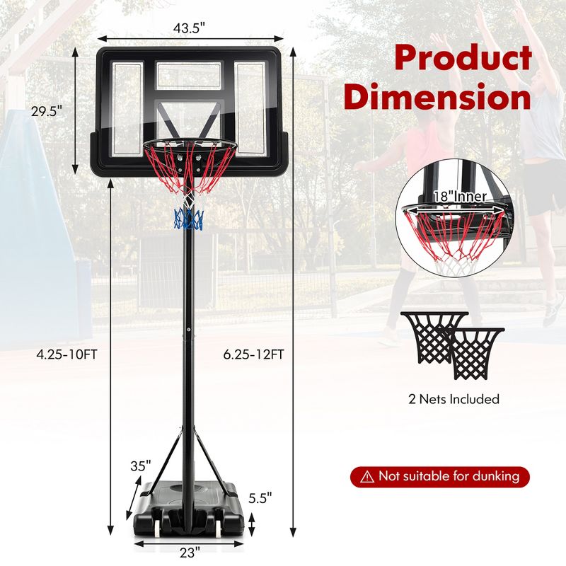 Costway 4.25-10FT Portable Adjustable Basketball Hoop System with 44'' Backboard 2 Nets, 5 of 11
