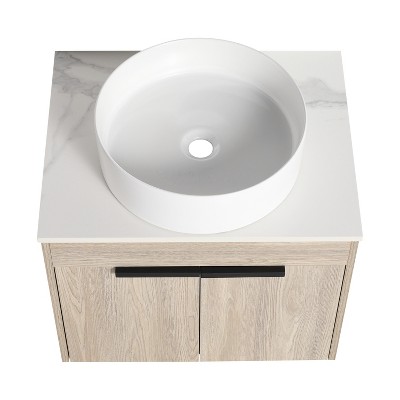 Vynxaria 36 in. Single Modern White Oak Plywood Bath Vanity with White Stone Basin Top KD-PACKING Ready to Assemble