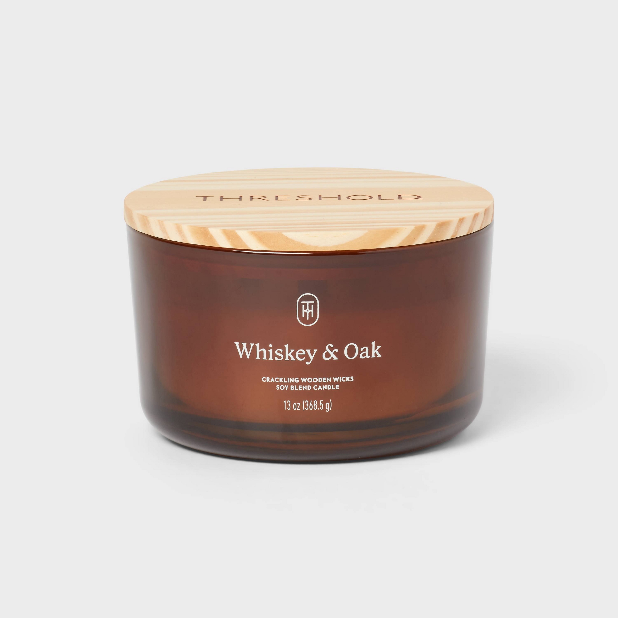 3-Wick Amber Glass Wooden Wick Whiskey and Oak Jar Candle 13oz - Threshold™
