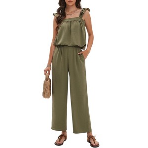 EXLURA Womens Summer 2 Piece Sets Sleeveless Square Neck Tie-Back Cami Top Wide Leg Pants Matching Set Beach Vacation Outfits - 1 of 4
