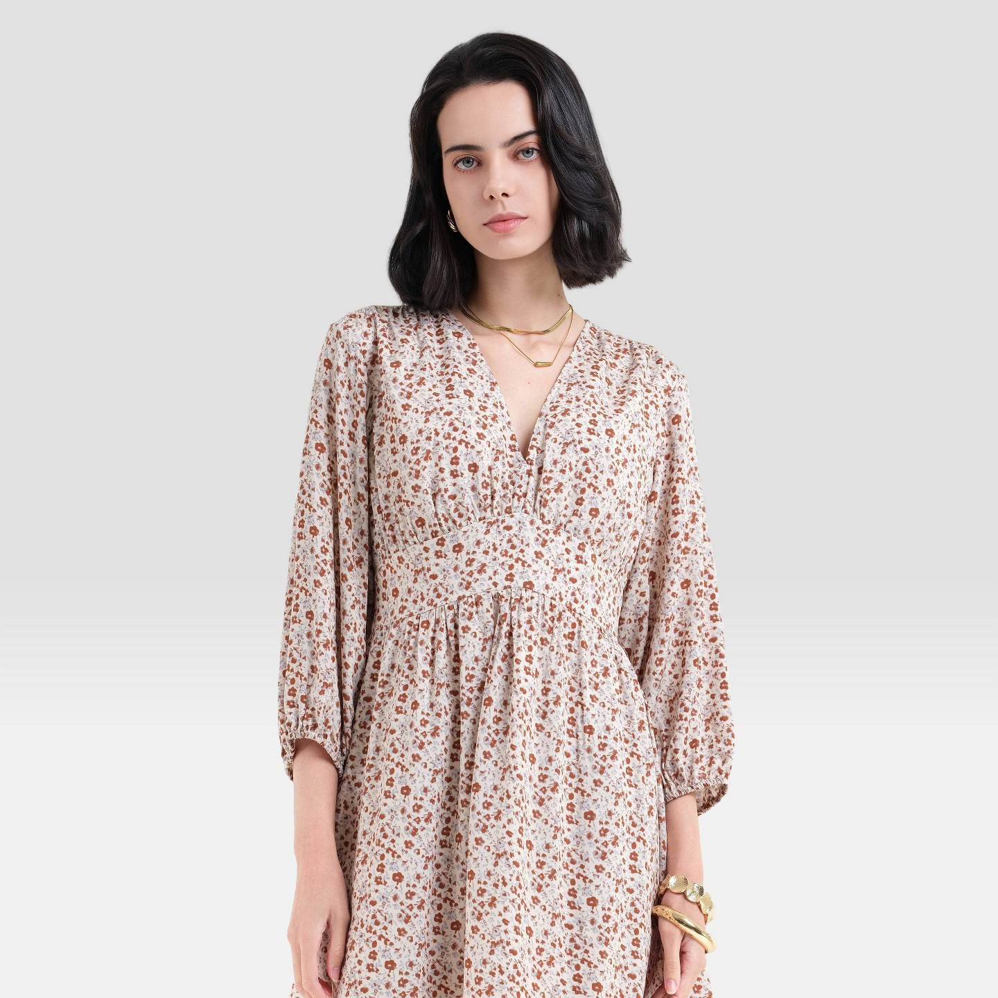Женское платье Universal Thread Bishop 3/4 Sleeve Mini Babydoll, цвет: Бежевый — фото 5