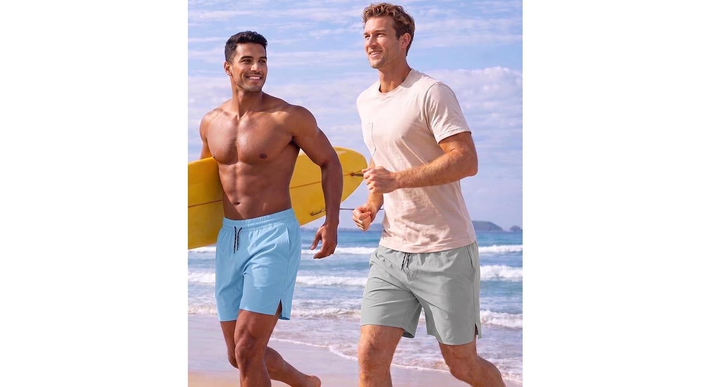 Мужские шорты COOFANDY Men Swim Trunk with Compression Liner 2 in 1 Swimwear Bathing Suit Quick Dry Board Short Black Plam Leaf M, цвет: Чёрный — фото 2
