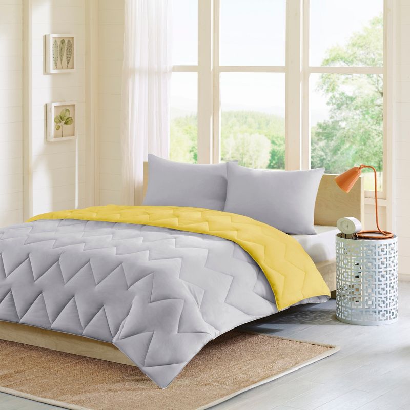Gray/Yellow Penny Reversible Down Alternative Comforter Mini Set Full/Queen 3pc, 4 of 15