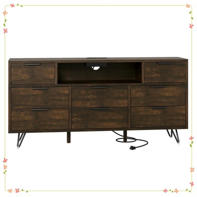 TV Cabinet with Storage LED Lights,Power Outlets,Dresser with 8 Drawers Open Shelf