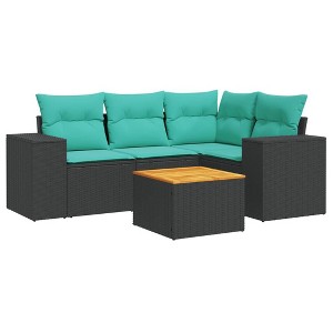 vidaXL 5 Piece Patio Sofa Set with Cushions Black Poly Rattan - Black and Blue - 1 of 4