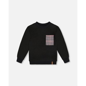 Deux par Deux Boy Super Soft Brushed Jersey Long Sleeve Top Black with Plaid Pocket - 1 of 4