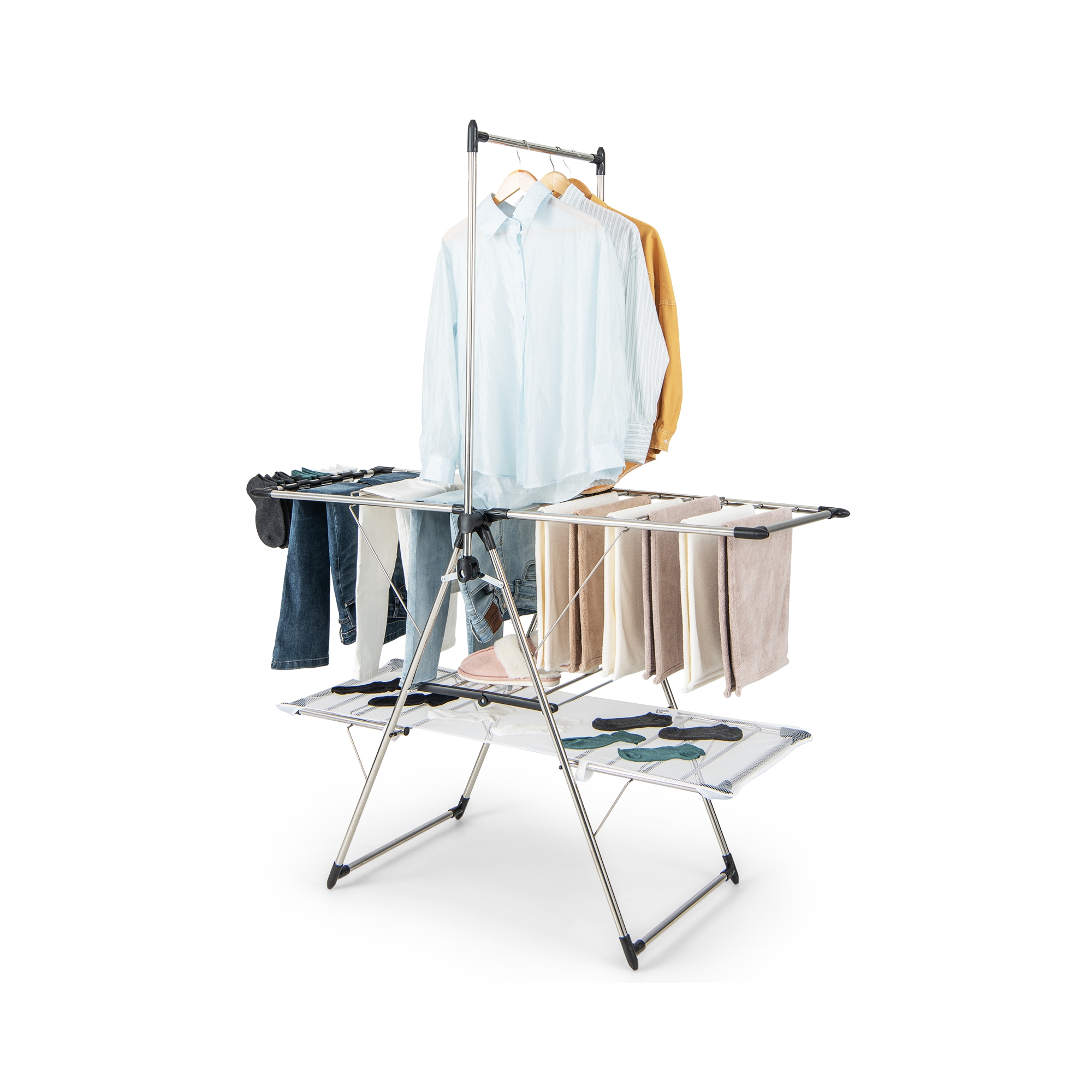 Costway Large Foldable Clothes Drying Rack 2-tier Laundry Drying Rack w/ Tall Hanging Bar Height Adjustable Gullwing Sock Clips Netting Cloth & Shoe