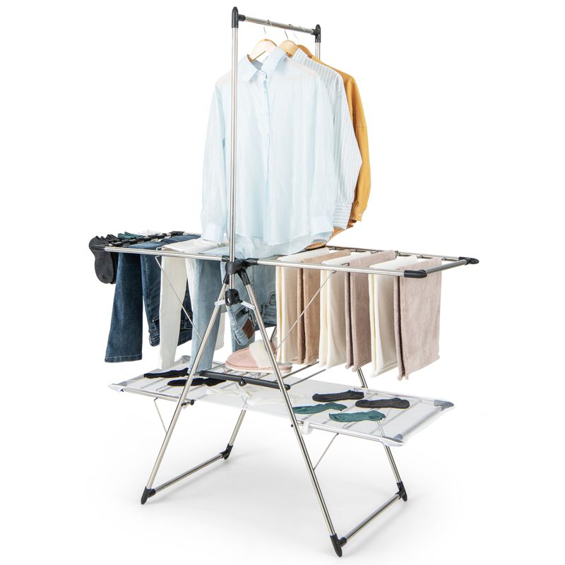 Large Foldable Clothes Drying Rack 2-tier Laundry Drying Rack w/ Tall Hanging Bar Height Adjustable Gullwing Sock Clips Netting Cloth & Shoe Hook, 1 of 11