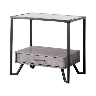 24" Metal End Table with Glass Top and 1 Drawer Gray - Benzara