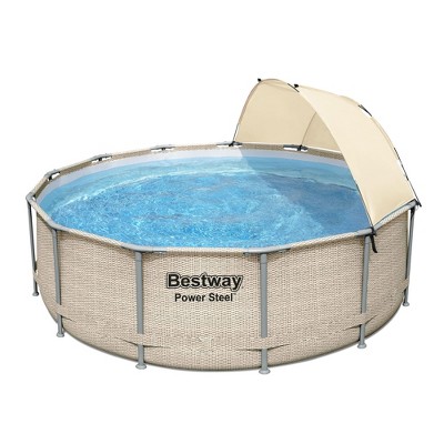 Bestway Power Steel 13' x 42" Round Above Ground Outdoor Swimming Pool Set with Shaded Canopy, 530 Gallon Filter Pump, Ladder, and Pool Cover