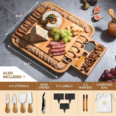 Eco-Friendly Light Brown Bamboo Cheese Board Set with Cutlery Drawer