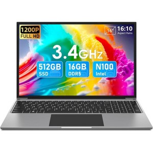 jumper Laptop, 16 Inch Laptops, Alder Lake-N100 Quad Core CPU(Up to 3.4GHz), 16GB RAM 512GGB SSD, 4 Speakers. - 1 of 4