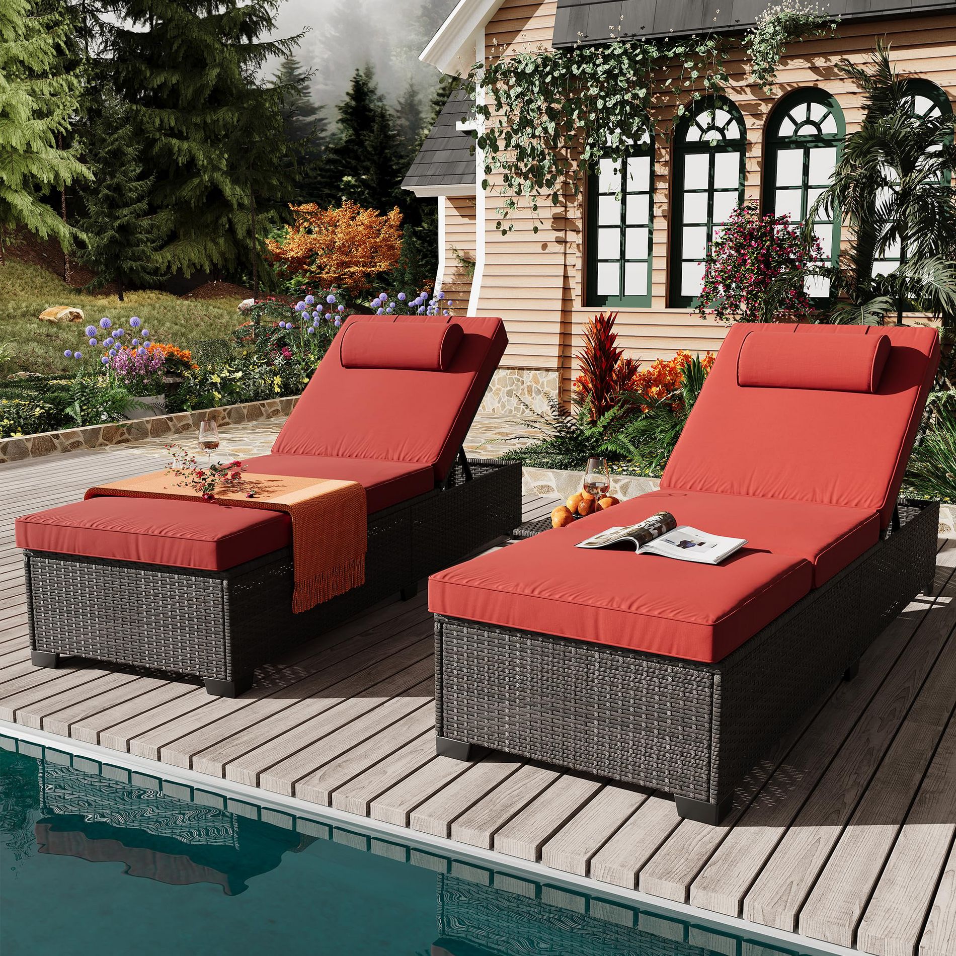 Patio Rattan Wicker Chaise Lounge Chair Set of 2 - Adjustable Reclining Pool Loungers (Red) for Pool Deck/Outdoor (Rattan Wicker Design)
