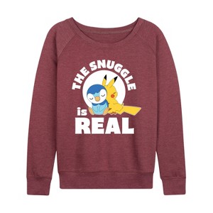 Women's - Pokémon - The Snuggle Is Real Pikachu And Piplup Lightweight French Terry Wide Neck Long Sleeve Shirt - 1 of 4