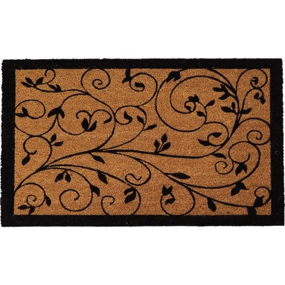 Natural Coir Outdoor Doormat with Black Leafy Vine Print