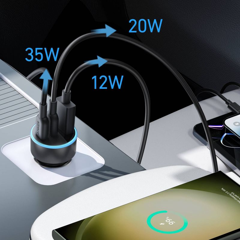 Anker 3-Port 67W Car Charger with 3&#39; Lightning to USB-C Cable - Black, 6 of 7