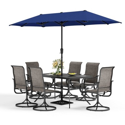 Captiva Designs 8pc Patio Dining Set with Rectangular steel table & Sling Swivel Chairs & Beige Umbrella