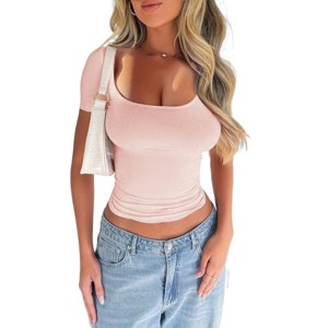 Womens Basic T Shirts Summer Going Out Crop Tops U-Neck Short Sleeve  Slim Fit Tees Tight T Shirts - 1 of 4