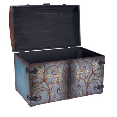 Vintage Domed Teal-Blue Wooden Storage Chest with Gold Scrolls