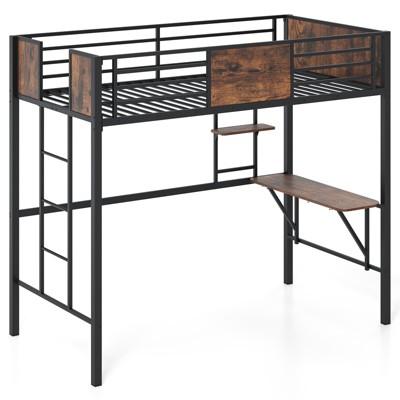 Tangkula Twin Loft Bed w/ Desk Heavy-Duty Metal Bed Frame w/ Safety Guardrail & Ladder