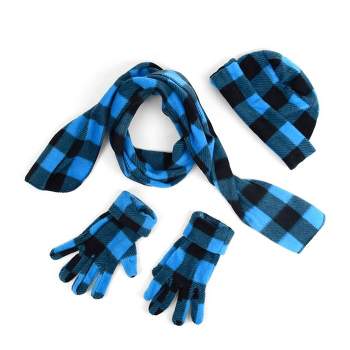 Girl's 6-12 Blue And Black Checks Fleece 3-Piece gloves scarf Hat Winter Set