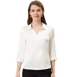 Allegra K Women's Elegant Satin Blouse Roll Up 3/4 Sleeve V Neck Casual Work Shirt Top - 1 of 4